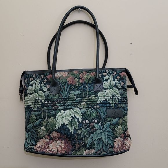 Vintage 1980s ATLANTIC Floral Tapestry Travel Zippered Shopping Tote Bag, Green - Picture 2 of 16